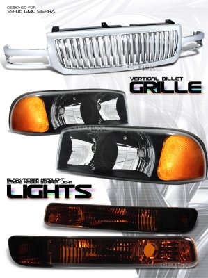 GMC Sierra 2003-2006 Chrome Vertical Grille and Black Euro Headlights Set