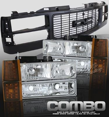 GMC Sierra 2500 1994-2000 Black Grille and Clear Euro Headlights Set