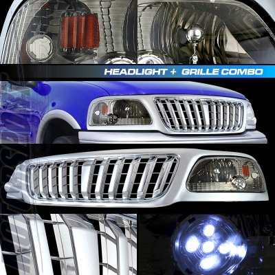Ford F150 1999-2003 Chrome Vertical Grille and Smoked Euro Headlights Set