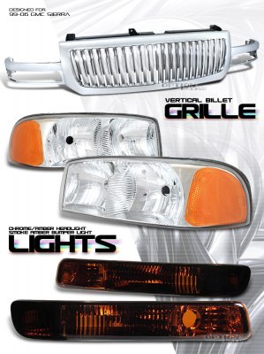 GMC Sierra 2003-2006 Chrome Vertical Grille and Clear Euro Headlights Set