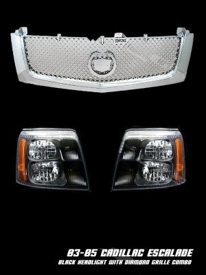 Cadillac Escalade 2002 Chrome Mesh Grille and Black Headlights Set