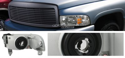 Dodge Ram 1994-2001 Black Billet Grille and Clear Euro Headlights Set