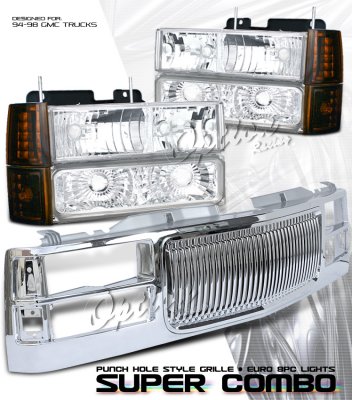 GMC Suburban 1994-1998 Chrome Vertical Grille and Clear Euro Headlights Set