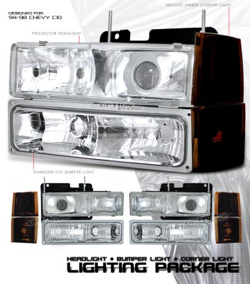 Chevy 1500 Pickup 1994-1998 Clear Projector Headlights and Bumper Lights Set