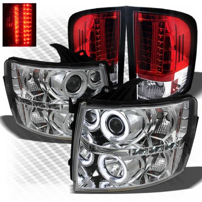 Chevy Silverado 2500HD 2007-2014 Chrome CCFL Halo Headlights and Red Clear LED Tail Lights