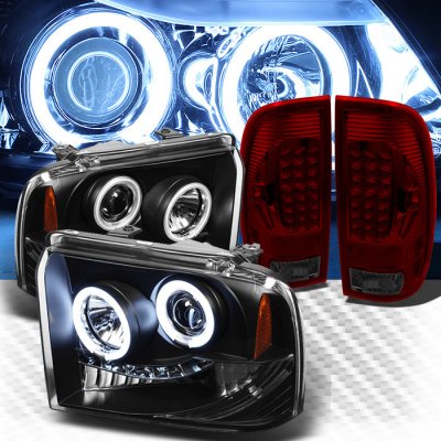 Ford F350 Super Duty 2005-2007 Black CCFL Halo Headlights and Red Smoked LED Tail Lights