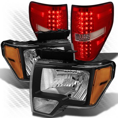 Ford F150 2009-2014 Black Headlights and Red Clear LED Tail Lights