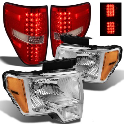 Ford F150 2009-2014 Chrome Headlights and Red Clear LED Tail Lights