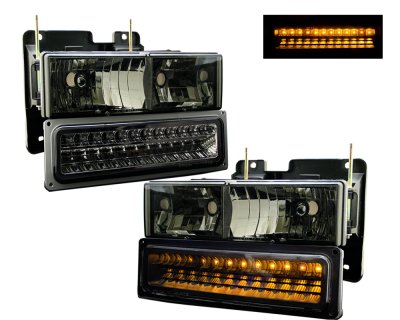 Chevy 2500 Pickup 1994-1998 Smoked Crystal Headlights and LED Bumper Lights