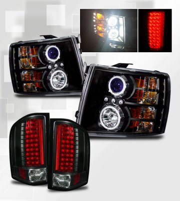Chevy Silverado 3500HD 2007-2014 Black Headlights CCFL Halo and LED Tail Lights
