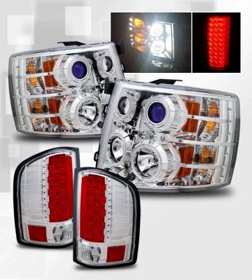Chevy Silverado 3500HD 2007-2014 Chrome Headlights CCFL Halo and LED Tail Lights