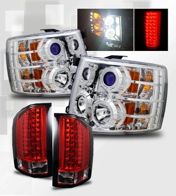 Chevy Silverado 2500HD 2007-2014 Chrome Headlights CCFL Halo and Red Clear LED Tail Lights